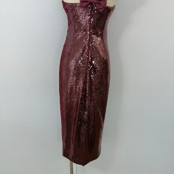 Rebecca Vallance Zelda Bow-Detailed Sequined Midi Dress Red US 4 - Picture 9 of 13